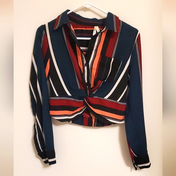 Truth NYC Multicolored Long Sleeve Button Down Twist Front Cropped Blouse - Picture 1 of 6